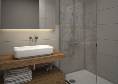 Baño combinado con piso de mosaico antiguo y revestimiento de cerámicas modernas. Mampara de vidrio y mueble de madera